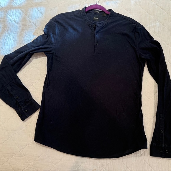 Hugo Boss Navy Blue Slim Fit Mercerized Henley 3-Button Shirt Cotton - Medium M - Picture 3 of 12